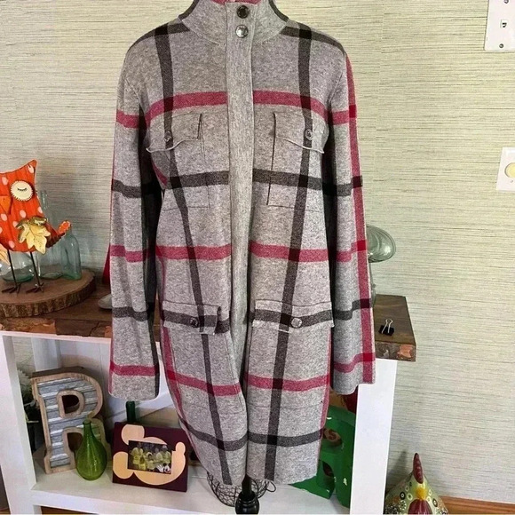 ANNE KLEIN Sweater Jacket Coat Plaid Woman’s Size Large Zip Pockets Long Shacket - Picture 11 of 11